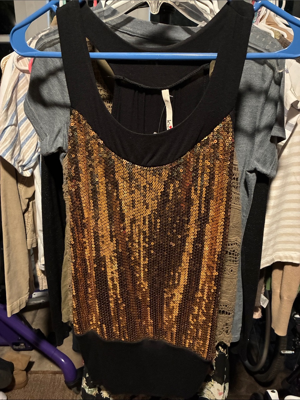 Kiwi Black Tank Top with Gold Sequin Front